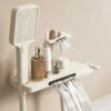 Cream Waterfall Bathtub Faucet with Built-In Shelf Deck Mounted Tub Filler 3-Function Hand Shower