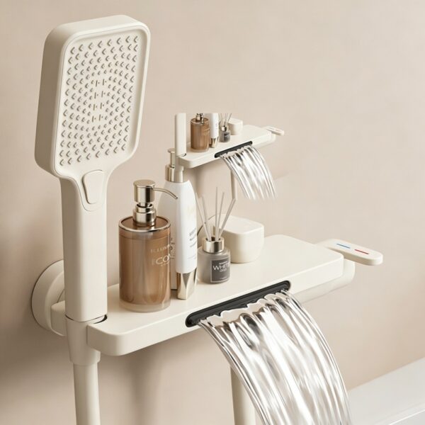 Cream Waterfall Bathtub Faucet with Built-In Shelf Deck Mounted Tub Filler 3-Function Hand Shower