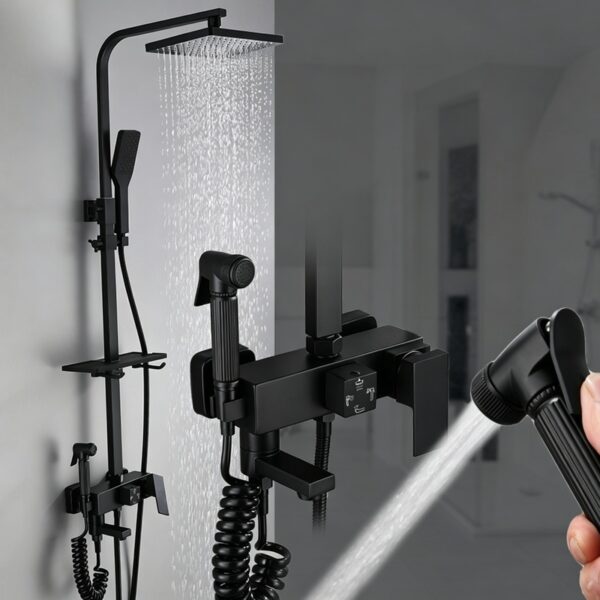 02_scene_fourmode_water Black Shower Set Pressure Boost Home Use Exposed Rainfall Shower Mixer System 3/4 Function