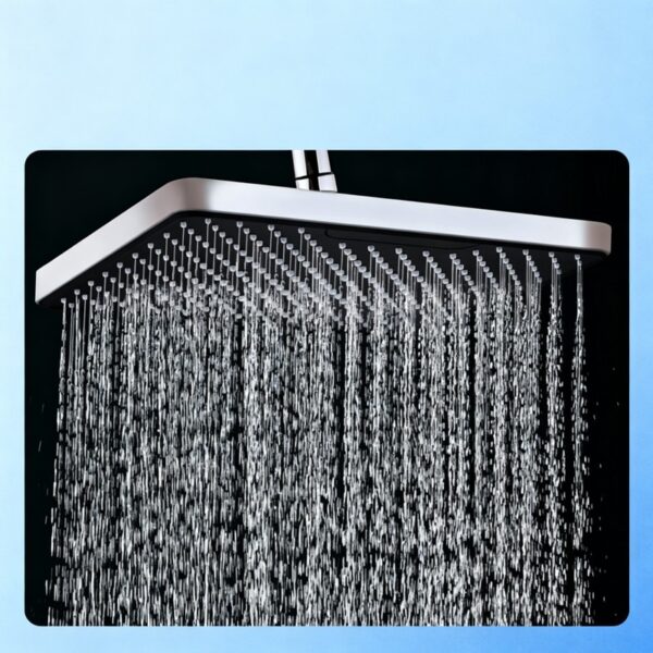 03_closeup_rainfall_head 2027 New 40°C Thermostatic Shower System Piano Key 4-Function Solid Brass Rainfall Shower Set with Shelf