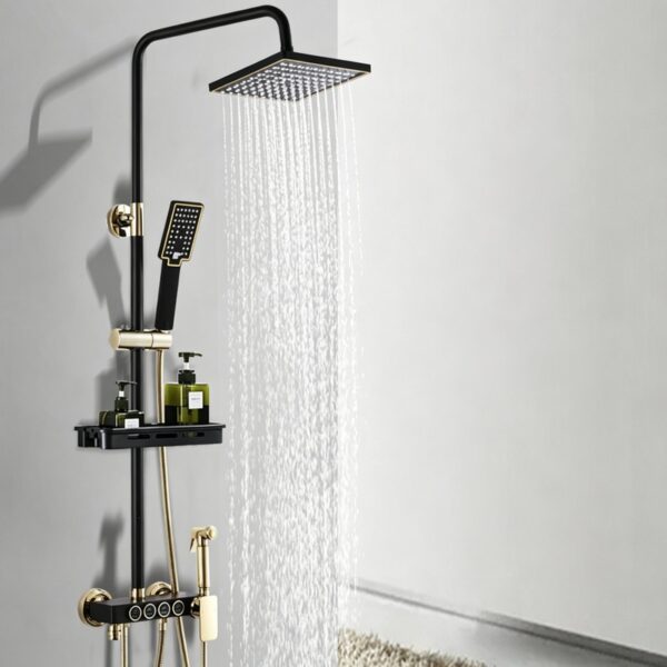 Solid Brass Thermostatic Shower Set Push Button Rainfall Shower Mixer System 4 Function