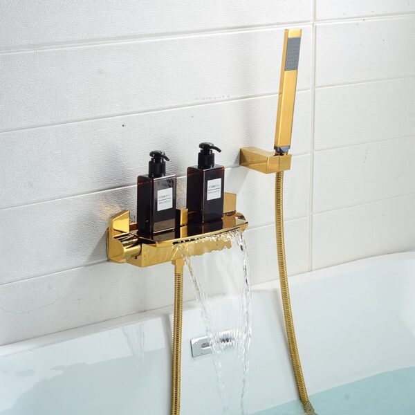 Solid Brass Waterfall Bathtub Faucet Deck Mounted Tub Filler with Handheld Shower Dual Handle