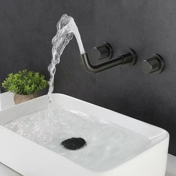 Solid Brass Dual Handle Wall Mounted Basin Faucet Concealed In-Wall Bathroom Mixer Tap PVD Plated