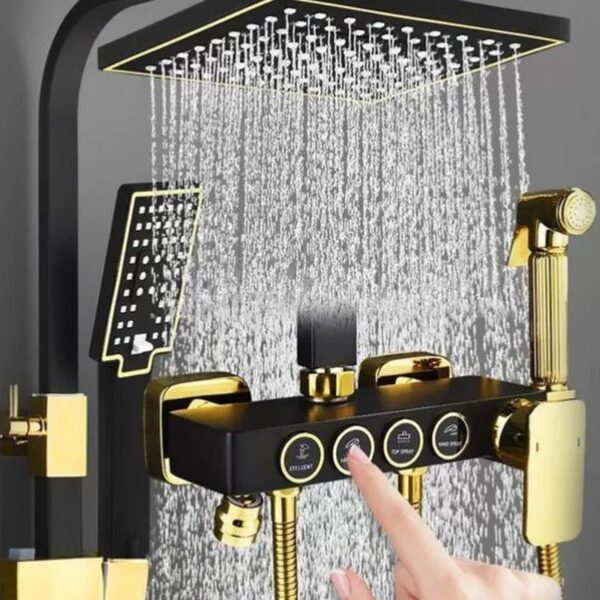 Solid Brass Thermostatic Shower Set Push Button Rainfall Shower Mixer System 4 Function