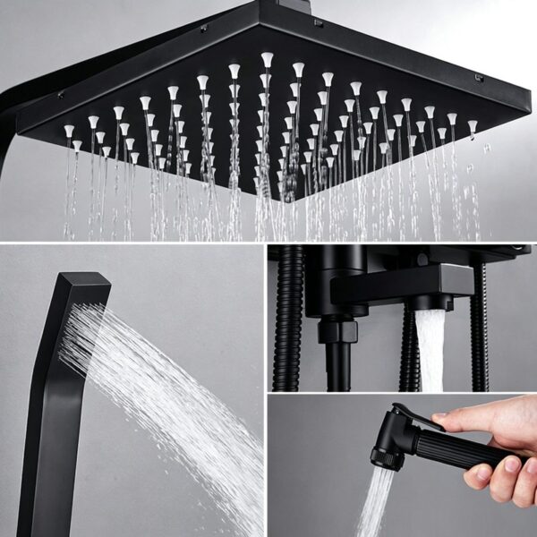 04_detail_four_water_modes Black Shower Set Pressure Boost Home Use Exposed Rainfall Shower Mixer System 3/4 Function