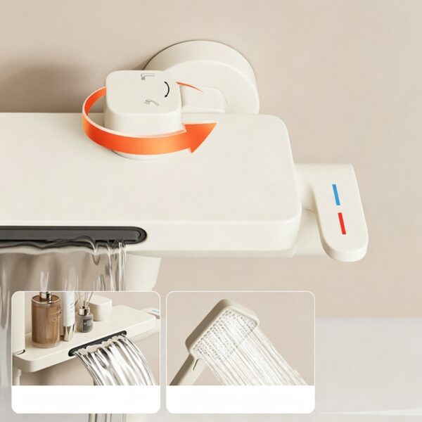 Cream Waterfall Bathtub Faucet with Built-In Shelf Deck Mounted Tub Filler 3-Function Hand Shower