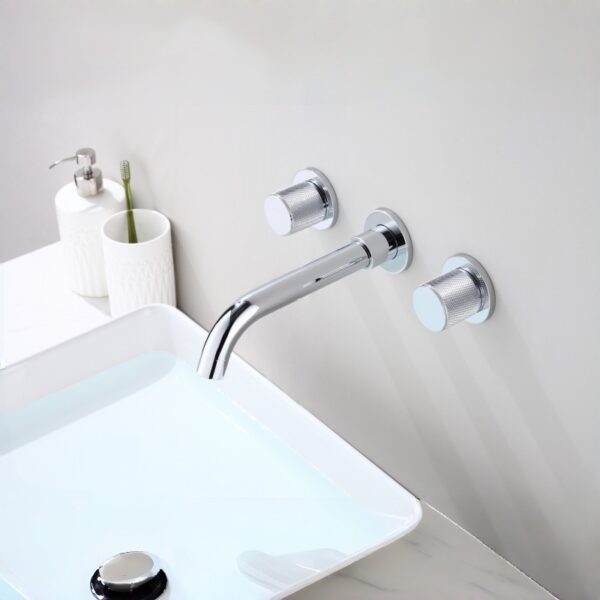 Solid Brass Dual Handle Wall Mounted Basin Faucet Concealed In-Wall Bathroom Mixer Tap PVD Plated