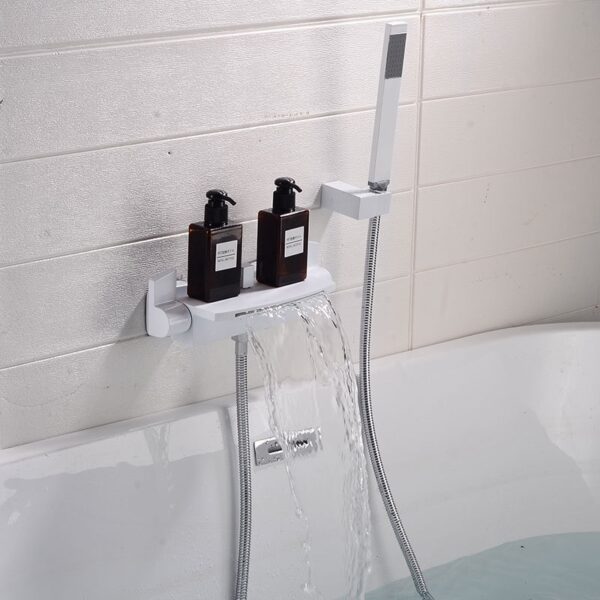 Solid Brass Waterfall Bathtub Faucet Deck Mounted Tub Filler with Handheld Shower Dual Handle