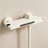 Cream Waterfall Bathtub Faucet with Built-In Shelf Deck Mounted Tub Filler 3-Function Hand Shower