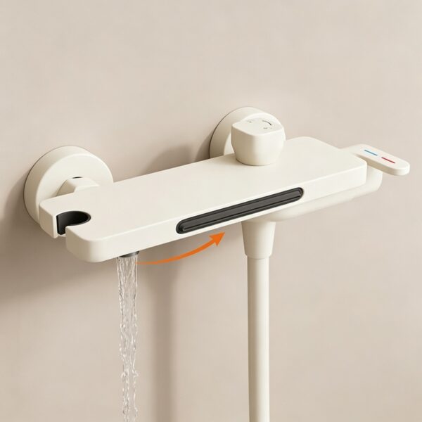 Cream Waterfall Bathtub Faucet with Built-In Shelf Deck Mounted Tub Filler 3-Function Hand Shower