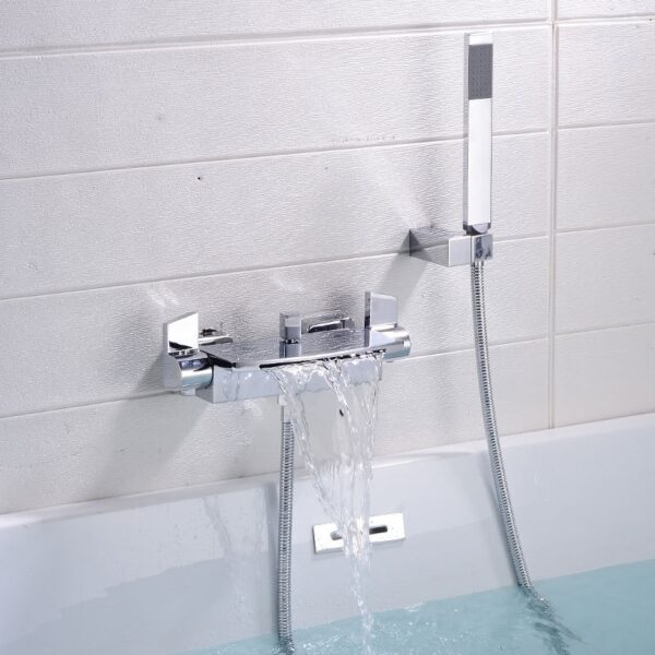 Solid Brass Waterfall Bathtub Faucet Deck Mounted Tub Filler with Handheld Shower Dual Handle