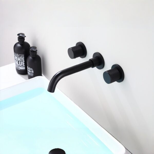 Solid Brass Dual Handle Wall Mounted Basin Faucet Concealed In-Wall Bathroom Mixer Tap PVD Plated