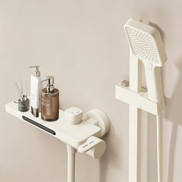 Cream Waterfall Bathtub Faucet with Built-In Shelf Deck Mounted Tub Filler 3-Function Hand Shower