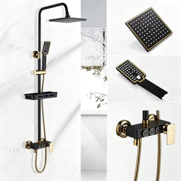 Solid Brass Thermostatic Shower Set Push Button Rainfall Shower Mixer System 4 Function