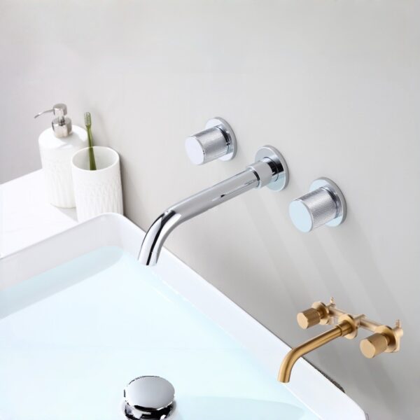 Solid Brass Dual Handle Wall Mounted Basin Faucet Concealed In-Wall Bathroom Mixer Tap PVD Plated