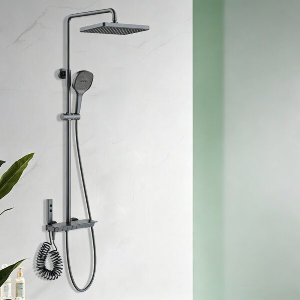 07_color_gunmetal_thermostatic 2027 New 40°C Thermostatic Shower System Piano Key 4-Function Solid Brass Rainfall Shower Set with Shelf