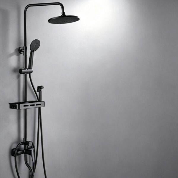 07_model_fourmode_shelf Black Shower Set Pressure Boost Home Use Exposed Rainfall Shower Mixer System 3/4 Function