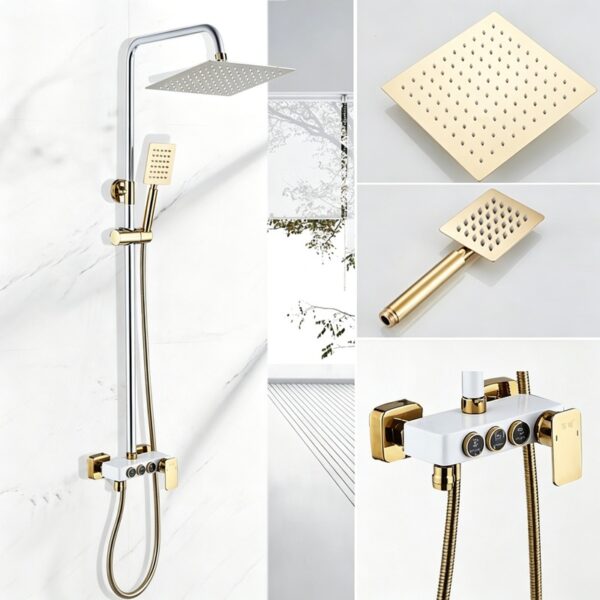 Solid Brass Thermostatic Shower Set Push Button Rainfall Shower Mixer System 4 Function
