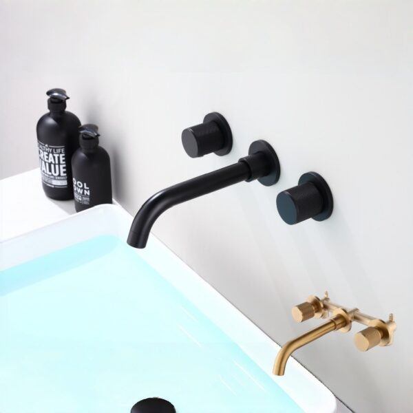 Solid Brass Dual Handle Wall Mounted Basin Faucet Concealed In-Wall Bathroom Mixer Tap PVD Plated