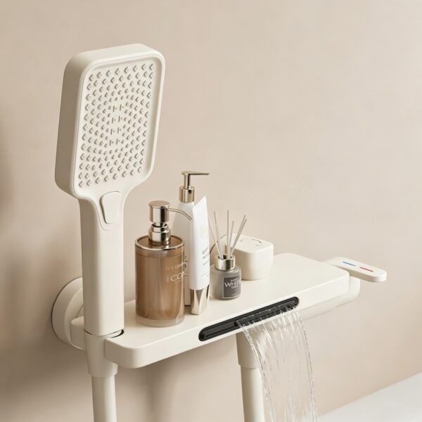 Cream Waterfall Bathtub Faucet with Built-In Shelf Deck Mounted Tub Filler 3-Function Hand Shower