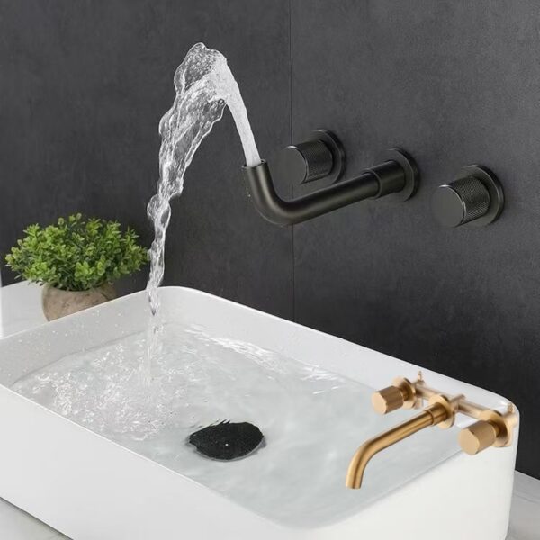 Solid Brass Dual Handle Wall Mounted Basin Faucet Concealed In-Wall Bathroom Mixer Tap PVD Plated