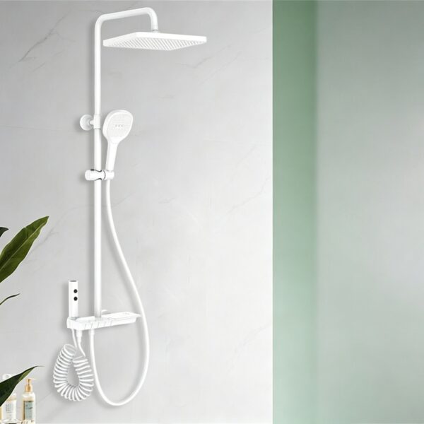 09_color_white_thermostatic 2027 New 40°C Thermostatic Shower System Piano Key 4-Function Solid Brass Rainfall Shower Set with Shelf
