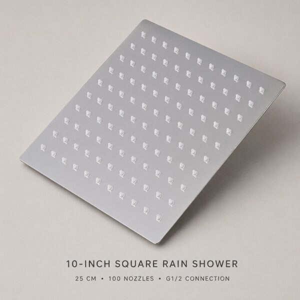 10-inch-square-rain-shower-100-nozzles-12 Stainless Steel Rainfall Shower Head for Hotel and Residential Bathrooms
