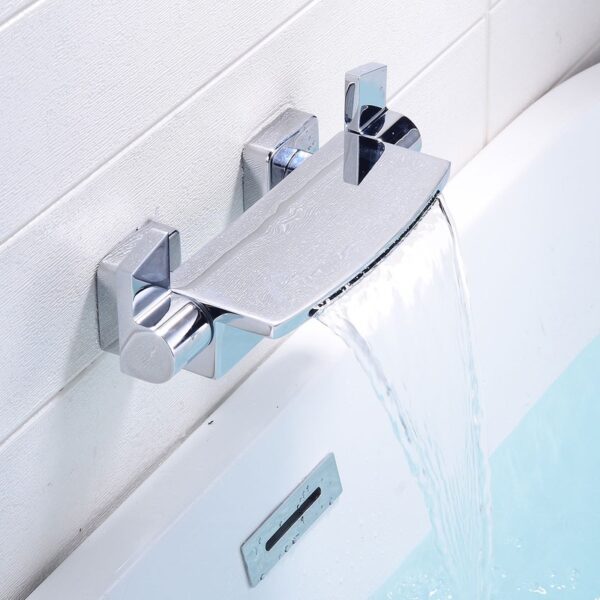 Solid Brass Waterfall Bathtub Faucet Deck Mounted Tub Filler with Handheld Shower Dual Handle
