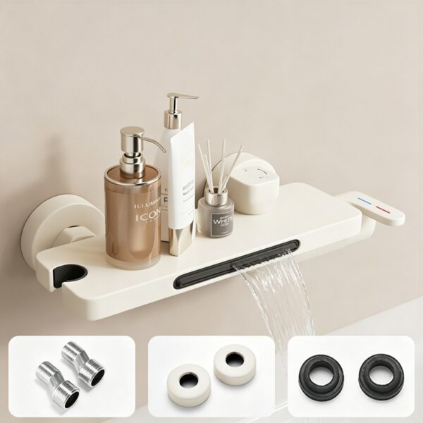 Cream Waterfall Bathtub Faucet with Built-In Shelf Deck Mounted Tub Filler 3-Function Hand Shower