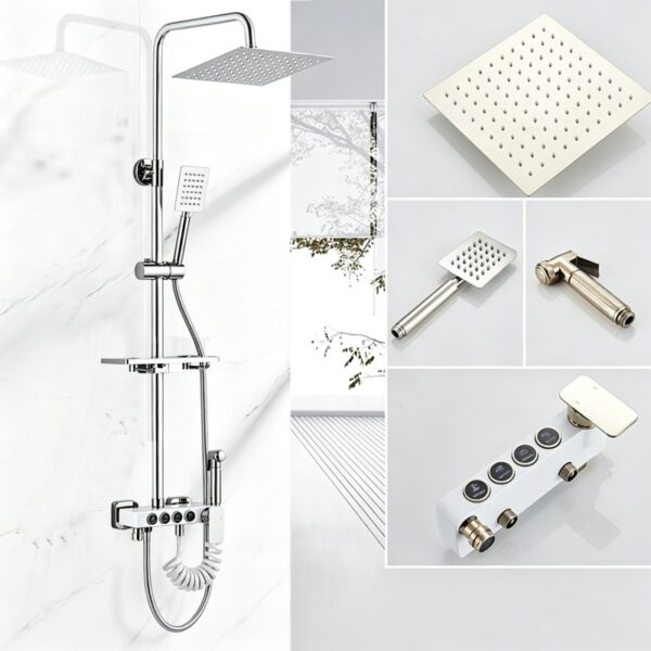 Solid Brass Thermostatic Shower Set Push Button Rainfall Shower Mixer System 4 Function