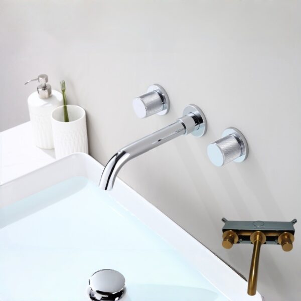 Solid Brass Dual Handle Wall Mounted Basin Faucet Concealed In-Wall Bathroom Mixer Tap PVD Plated