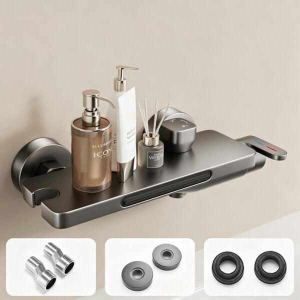 Cream Waterfall Bathtub Faucet with Built-In Shelf Deck Mounted Tub Filler 3-Function Hand Shower