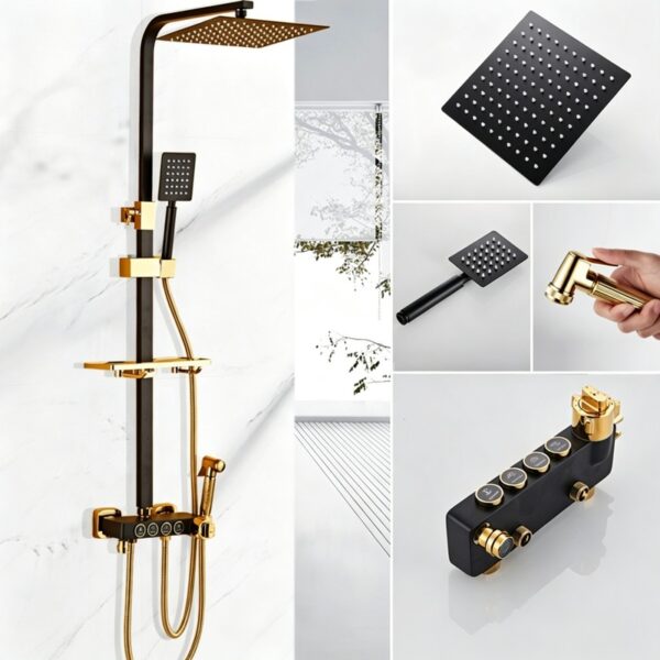 Solid Brass Thermostatic Shower Set Push Button Rainfall Shower Mixer System 4 Function