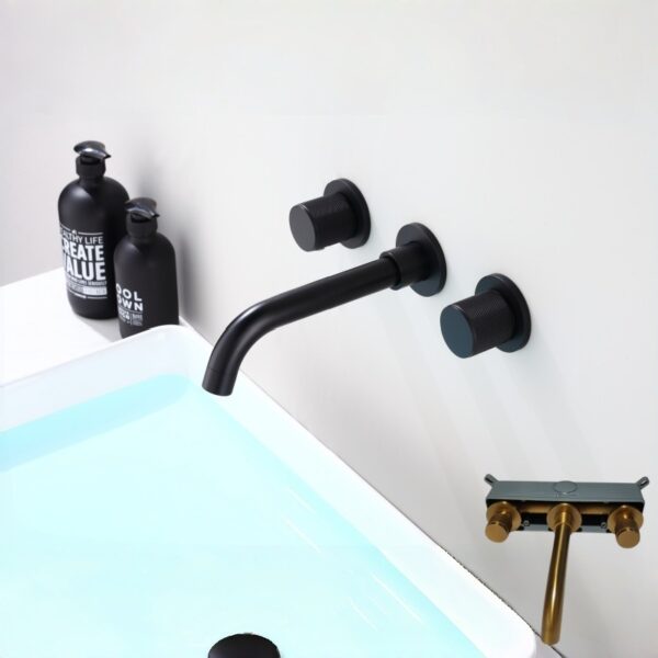 Solid Brass Dual Handle Wall Mounted Basin Faucet Concealed In-Wall Bathroom Mixer Tap PVD Plated