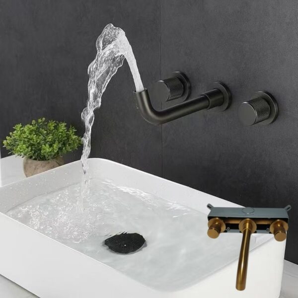 Solid Brass Dual Handle Wall Mounted Basin Faucet Concealed In-Wall Bathroom Mixer Tap PVD Plated