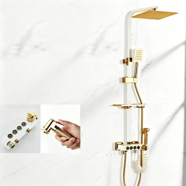 Solid Brass Thermostatic Shower Set Push Button Rainfall Shower Mixer System 4 Function