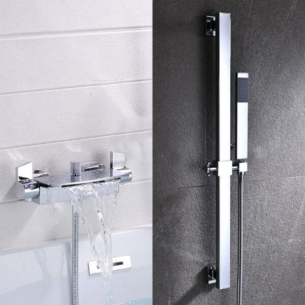 Solid Brass Waterfall Bathtub Faucet Deck Mounted Tub Filler with Handheld Shower Dual Handle
