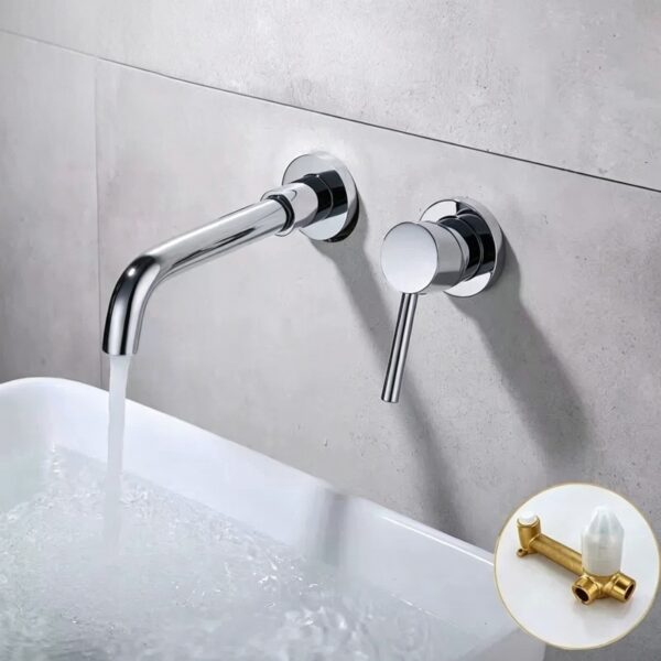 Solid Brass Dual Handle Wall Mounted Basin Faucet Concealed In-Wall Bathroom Mixer Tap PVD Plated