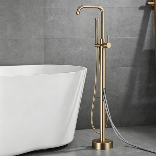 Solid Brass Freestanding Bathtub Faucet Floor Mounted Tub Filler with Handheld Shower
