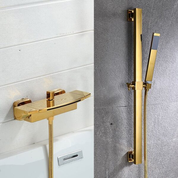 Solid Brass Waterfall Bathtub Faucet Deck Mounted Tub Filler with Handheld Shower Dual Handle