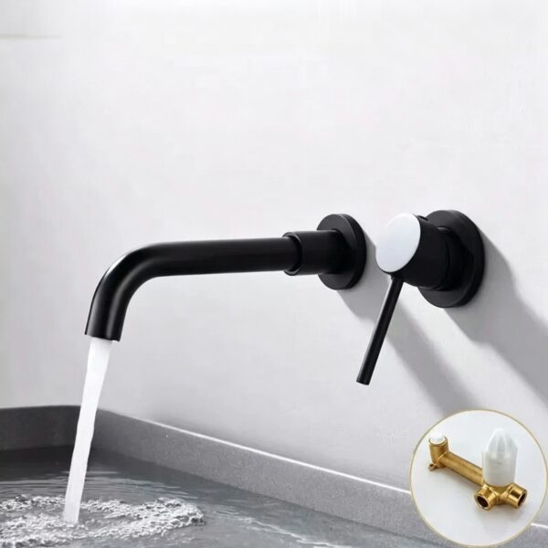 Solid Brass Dual Handle Wall Mounted Basin Faucet Concealed In-Wall Bathroom Mixer Tap PVD Plated