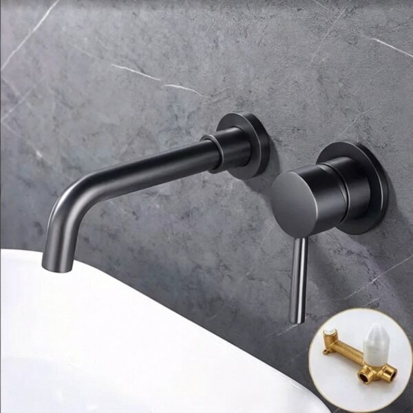 Solid Brass Dual Handle Wall Mounted Basin Faucet Concealed In-Wall Bathroom Mixer Tap PVD Plated