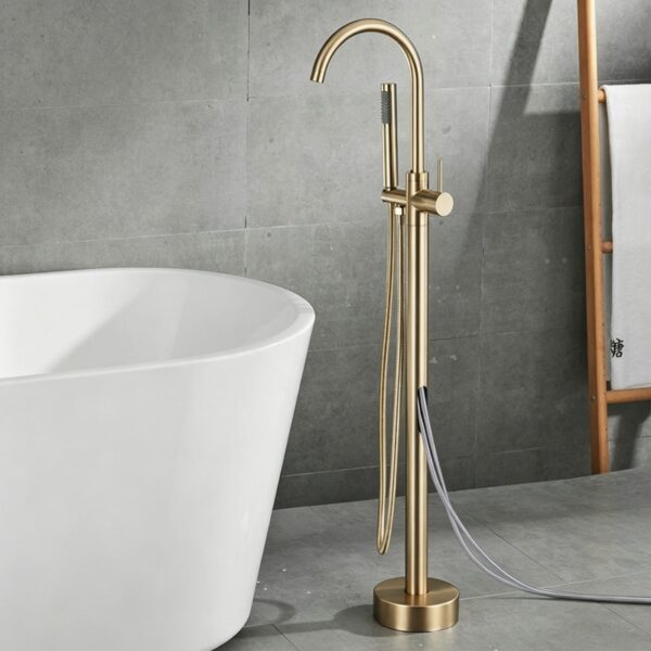 Solid Brass Freestanding Bathtub Faucet Floor Mounted Tub Filler with Handheld Shower