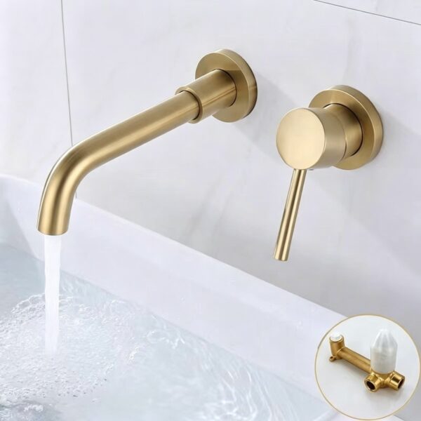 Solid Brass Dual Handle Wall Mounted Basin Faucet Concealed In-Wall Bathroom Mixer Tap PVD Plated
