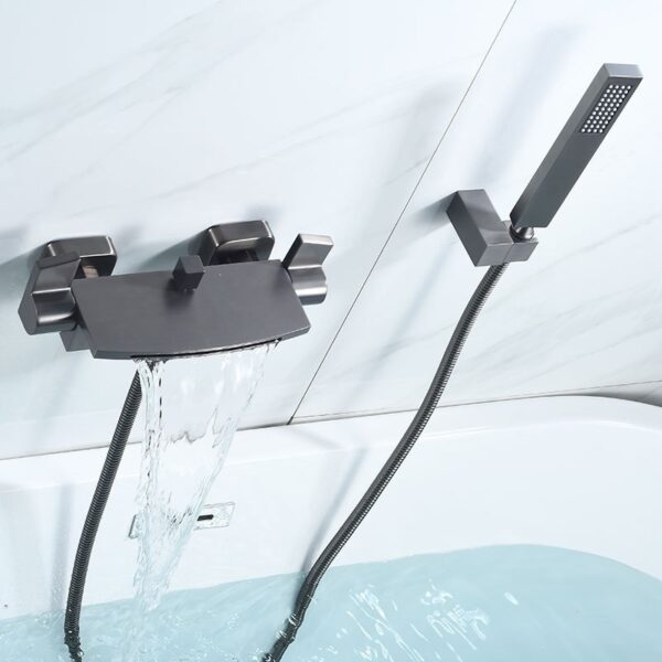 Solid Brass Waterfall Bathtub Faucet Deck Mounted Tub Filler with Handheld Shower Dual Handle