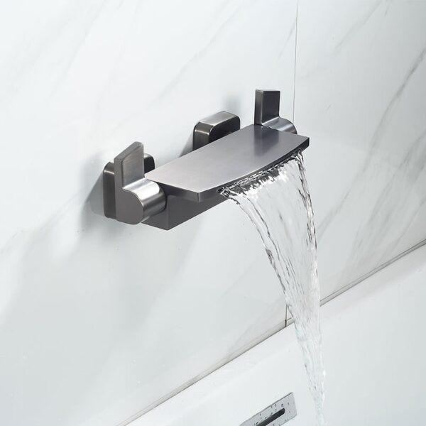 Solid Brass Waterfall Bathtub Faucet Deck Mounted Tub Filler with Handheld Shower Dual Handle