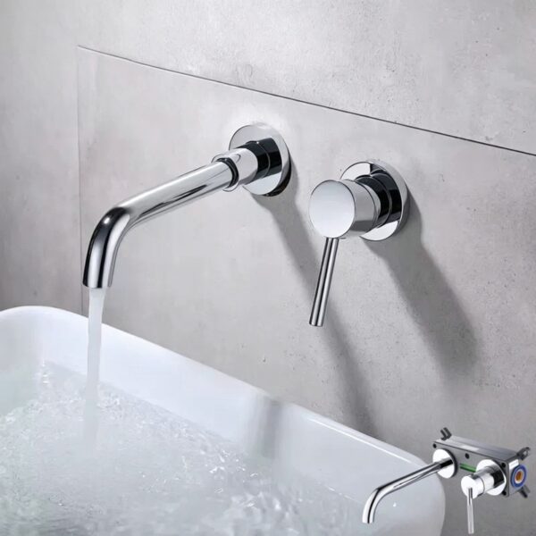 Solid Brass Dual Handle Wall Mounted Basin Faucet Concealed In-Wall Bathroom Mixer Tap PVD Plated