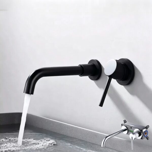 Solid Brass Dual Handle Wall Mounted Basin Faucet Concealed In-Wall Bathroom Mixer Tap PVD Plated