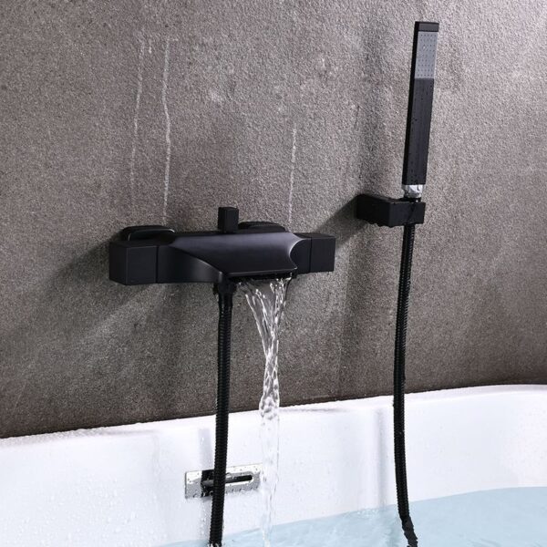 Solid Brass Waterfall Bathtub Faucet Deck Mounted Tub Filler with Handheld Shower Dual Handle