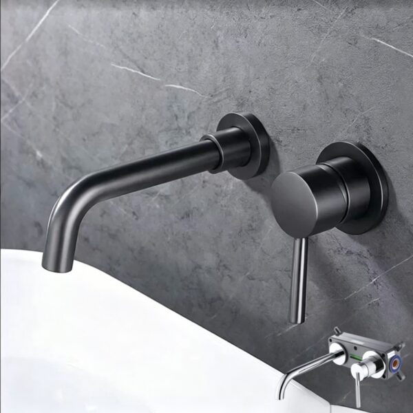Solid Brass Dual Handle Wall Mounted Basin Faucet Concealed In-Wall Bathroom Mixer Tap PVD Plated